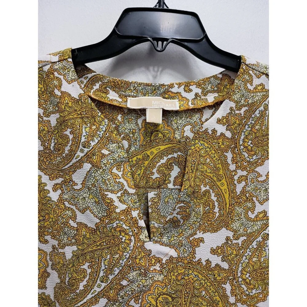 Michael Michael Kors Womens Blouse Top Large Yellow Paisley‎ Tie Sleeve BOHO
